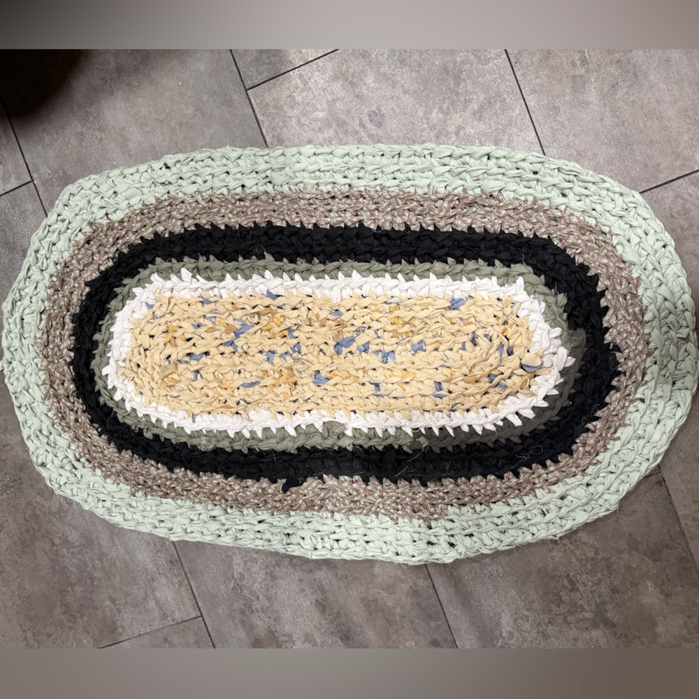 Handmade crocheted rug bathroom kitchen mat 20x34” oval repurposed recycled art